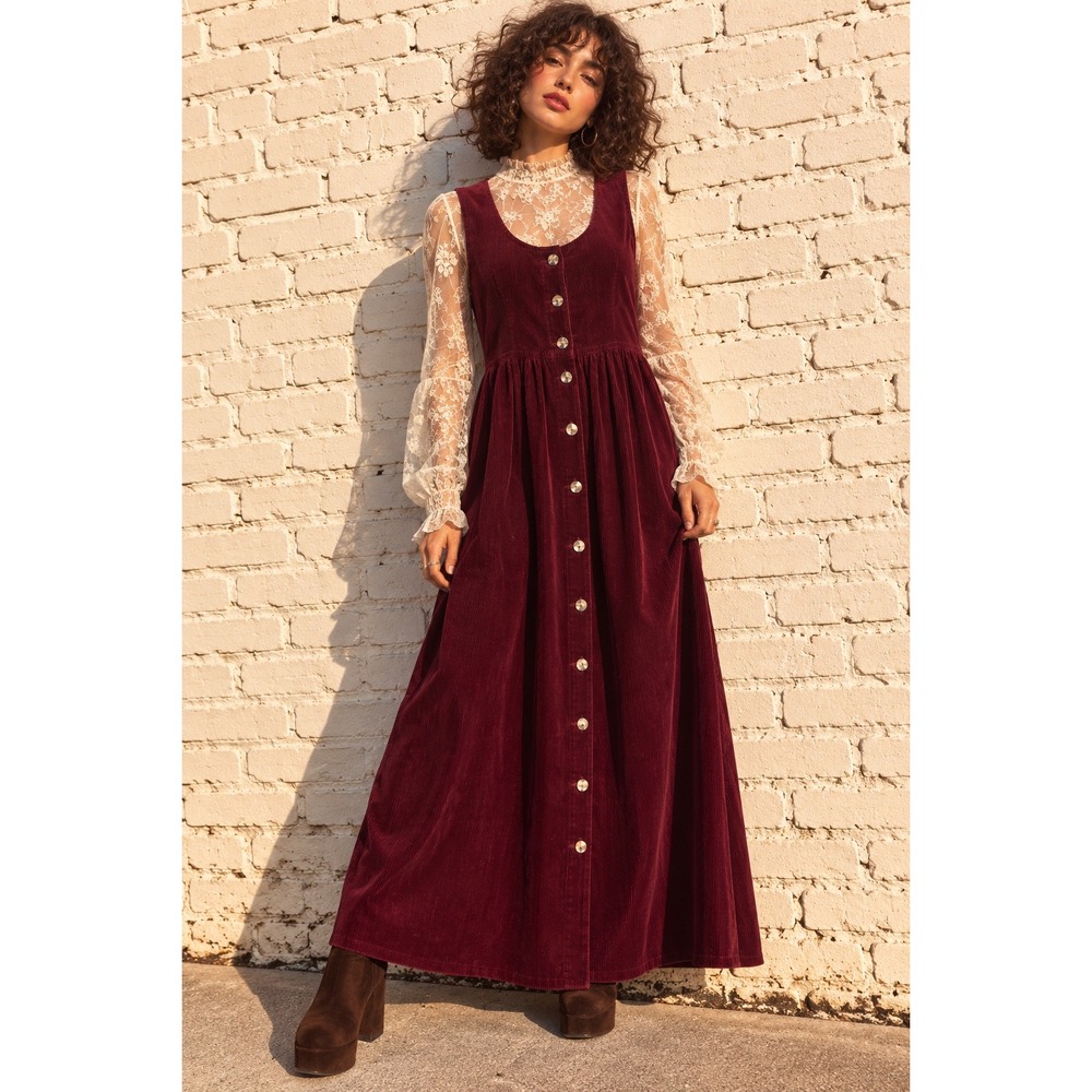 Vintage Studio Ease Burgundy Corduroy Button Front Maxi Jumper Dress Fall 12